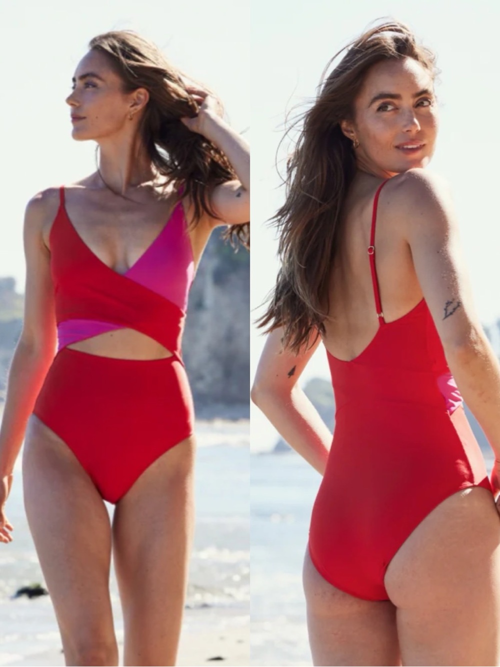summersalt Red and Pink Wrap Cutout One-Piece Swimsuit
